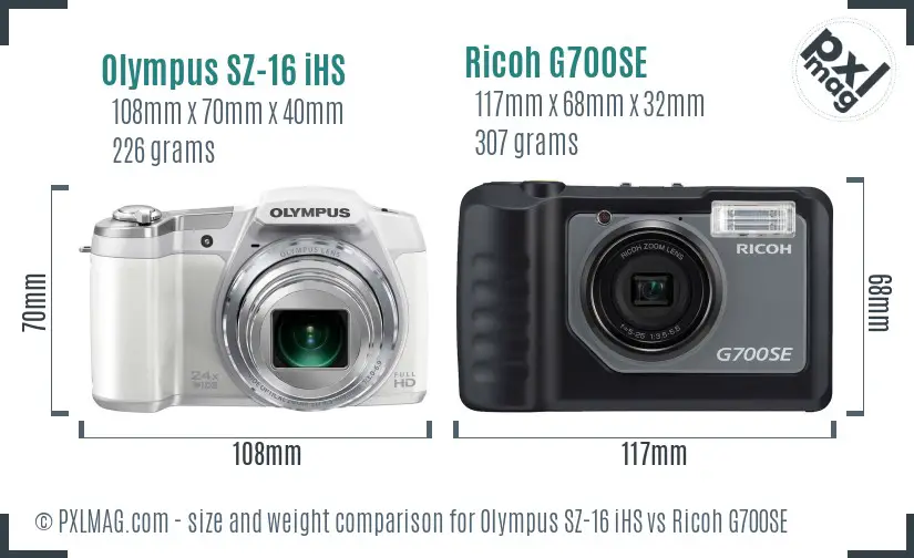 Olympus SZ-16 iHS vs Ricoh G700SE size comparison