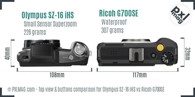 Olympus SZ-16 iHS vs Ricoh G700SE top view buttons comparison