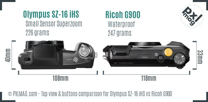 Olympus SZ-16 iHS vs Ricoh G900 top view buttons comparison Olympus SZ-16 iHS vs Ricoh G900 top view buttons comparison