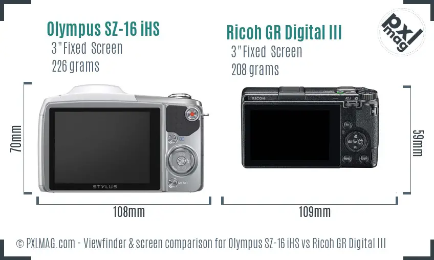 Olympus SZ-16 iHS vs Ricoh GR Digital III Screen and Viewfinder comparison