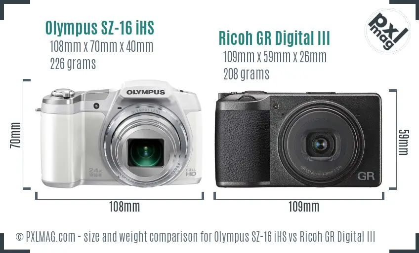 Olympus SZ-16 iHS vs Ricoh GR Digital III size comparison