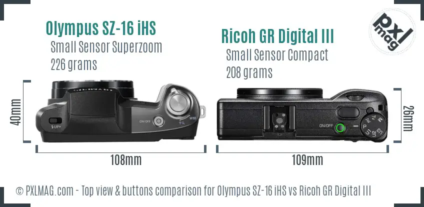 Olympus SZ-16 iHS vs Ricoh GR Digital III top view buttons comparison