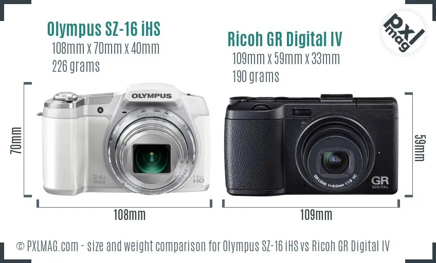 Olympus SZ-16 iHS vs Ricoh GR Digital IV size comparison Olympus SZ-16 iHS vs Ricoh GR Digital IV size comparison