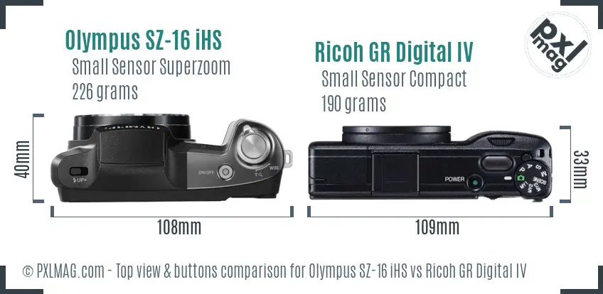 Olympus SZ-16 iHS vs Ricoh GR Digital IV top view buttons comparison Olympus SZ-16 iHS vs Ricoh GR Digital IV top view buttons comparison