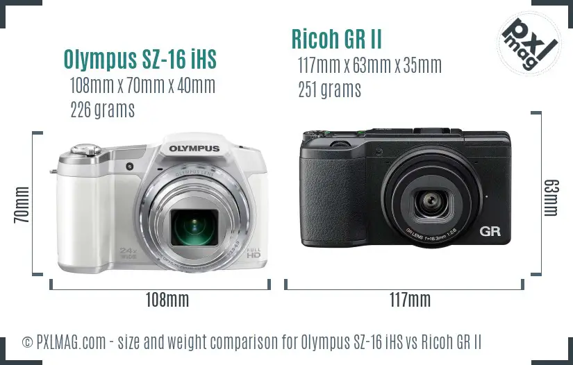 Olympus SZ-16 iHS vs Ricoh GR II size comparison Olympus SZ-16 iHS vs Ricoh GR II size comparison