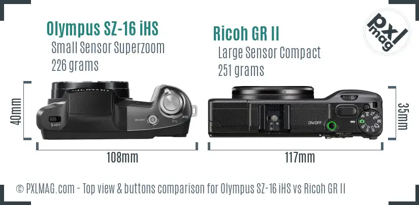 Olympus SZ-16 iHS vs Ricoh GR II top view buttons comparison Olympus SZ-16 iHS vs Ricoh GR II top view buttons comparison