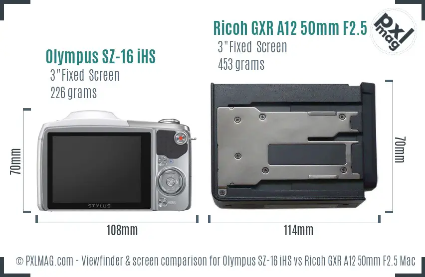 Olympus SZ-16 iHS vs Ricoh GXR A12 50mm F2.5 Macro Screen and Viewfinder comparison
