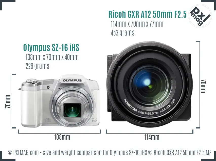 Olympus SZ-16 iHS vs Ricoh GXR A12 50mm F2.5 Macro size comparison
