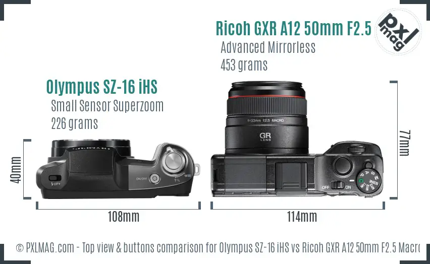 Olympus SZ-16 iHS vs Ricoh GXR A12 50mm F2.5 Macro top view buttons comparison