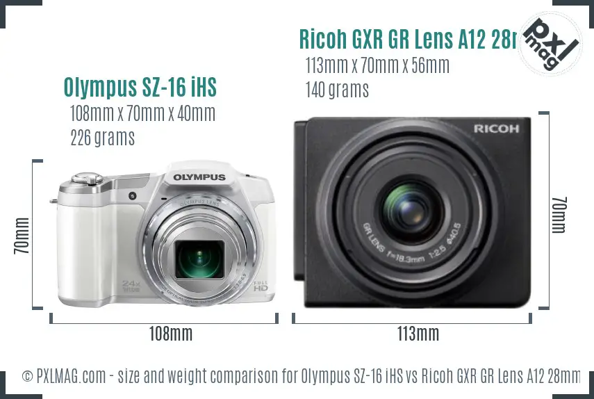 Olympus SZ-16 iHS vs Ricoh GXR GR Lens A12 28mm F2.5 size comparison Olympus SZ-16 iHS vs Ricoh GXR GR Lens A12 28mm F2.5 size comparison