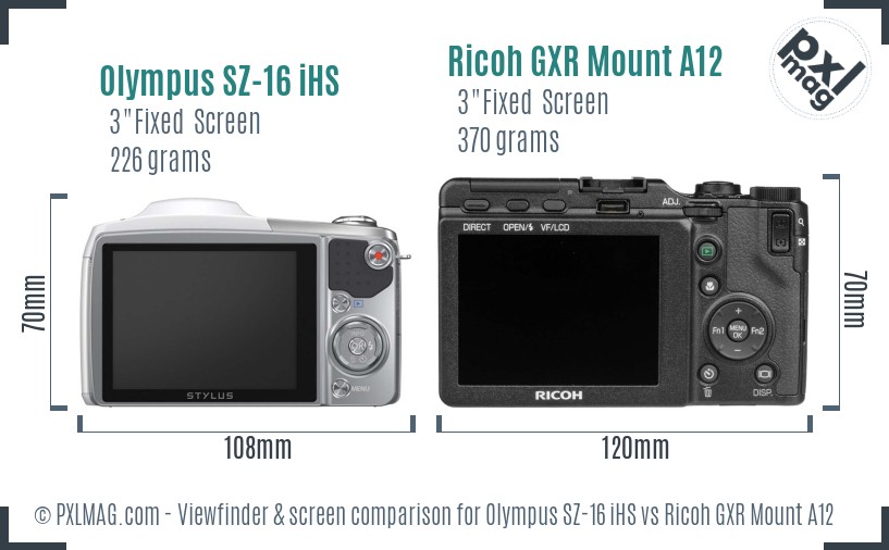 Olympus SZ-16 iHS vs Ricoh GXR Mount A12 Screen and Viewfinder comparison