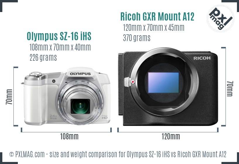 Olympus SZ-16 iHS vs Ricoh GXR Mount A12 size comparison
