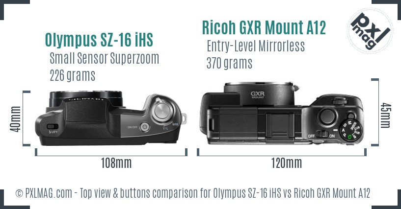 Olympus SZ-16 iHS vs Ricoh GXR Mount A12 top view buttons comparison