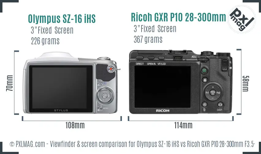Olympus SZ-16 iHS vs Ricoh GXR P10 28-300mm F3.5-5.6 VC Screen and Viewfinder comparison Olympus SZ-16 iHS vs Ricoh GXR P10 28-300mm F3.5-5.6 VC Screen and Viewfinder comparison