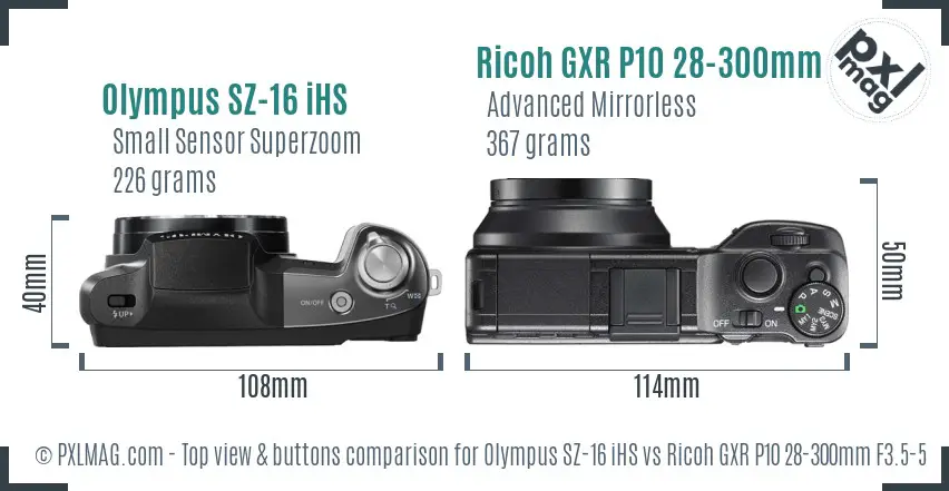 Olympus SZ-16 iHS vs Ricoh GXR P10 28-300mm F3.5-5.6 VC top view buttons comparison Olympus SZ-16 iHS vs Ricoh GXR P10 28-300mm F3.5-5.6 VC top view buttons comparison