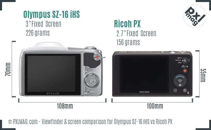 Olympus SZ-16 iHS vs Ricoh PX Screen and Viewfinder comparison Olympus SZ-16 iHS vs Ricoh PX Screen and Viewfinder comparison