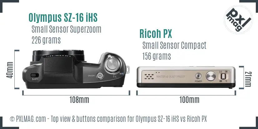 Olympus SZ-16 iHS vs Ricoh PX top view buttons comparison Olympus SZ-16 iHS vs Ricoh PX top view buttons comparison