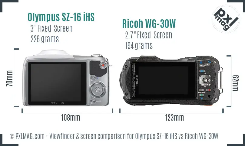Olympus SZ-16 iHS vs Ricoh WG-30W Screen and Viewfinder comparison