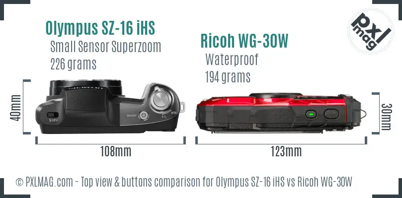 Olympus SZ-16 iHS vs Ricoh WG-30W top view buttons comparison