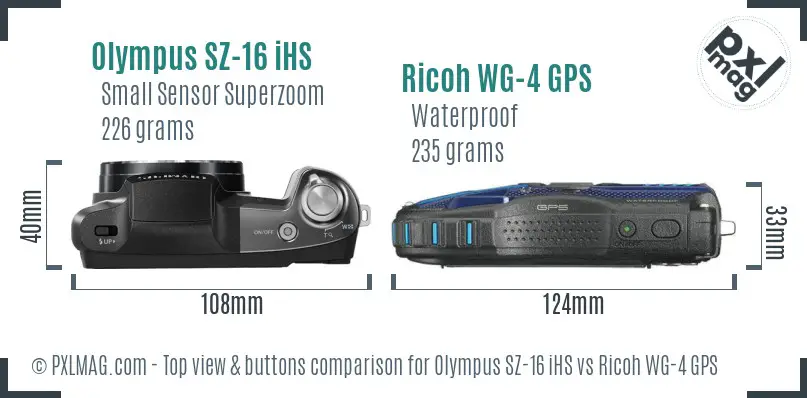 Olympus SZ-16 iHS vs Ricoh WG-4 GPS top view buttons comparison