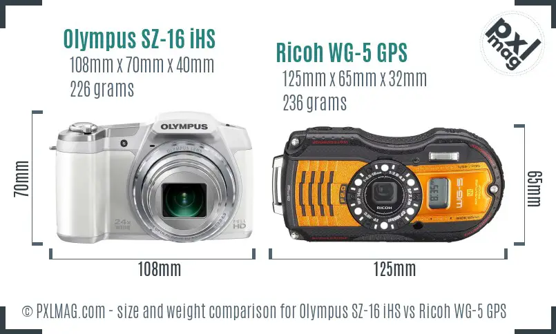 Olympus SZ-16 iHS vs Ricoh WG-5 GPS size comparison Olympus SZ-16 iHS vs Ricoh WG-5 GPS size comparison