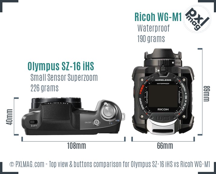 Olympus SZ-16 iHS vs Ricoh WG-M1 top view buttons comparison
