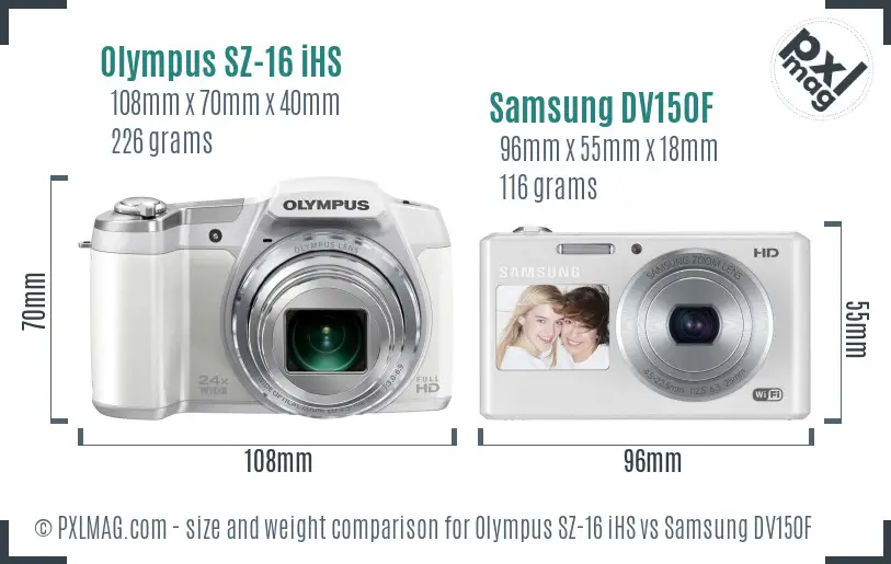 Olympus SZ-16 iHS vs Samsung DV150F size comparison