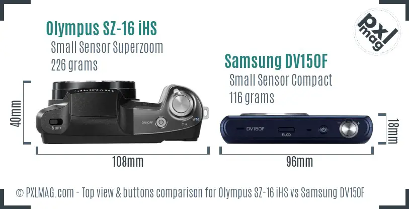 Olympus SZ-16 iHS vs Samsung DV150F top view buttons comparison