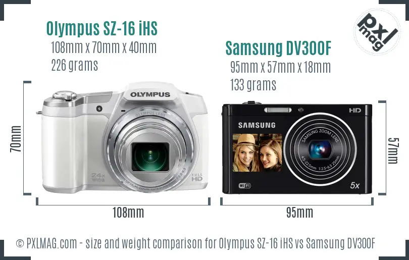 Olympus SZ-16 iHS vs Samsung DV300F size comparison