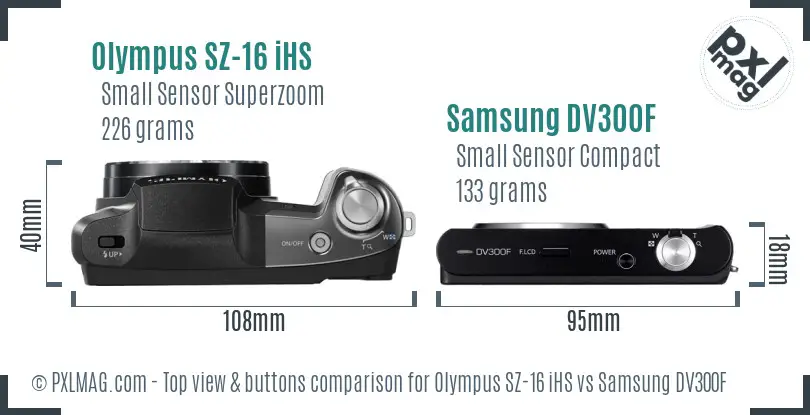 Olympus SZ-16 iHS vs Samsung DV300F top view buttons comparison