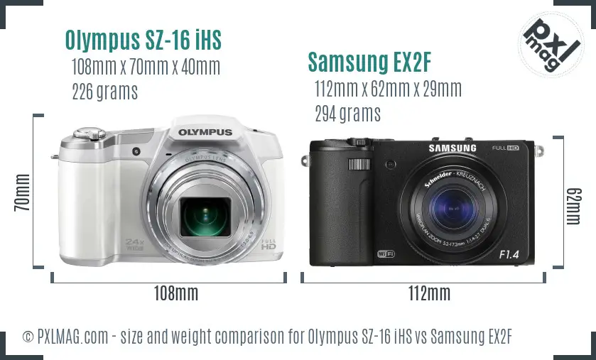 Olympus SZ-16 iHS vs Samsung EX2F size comparison