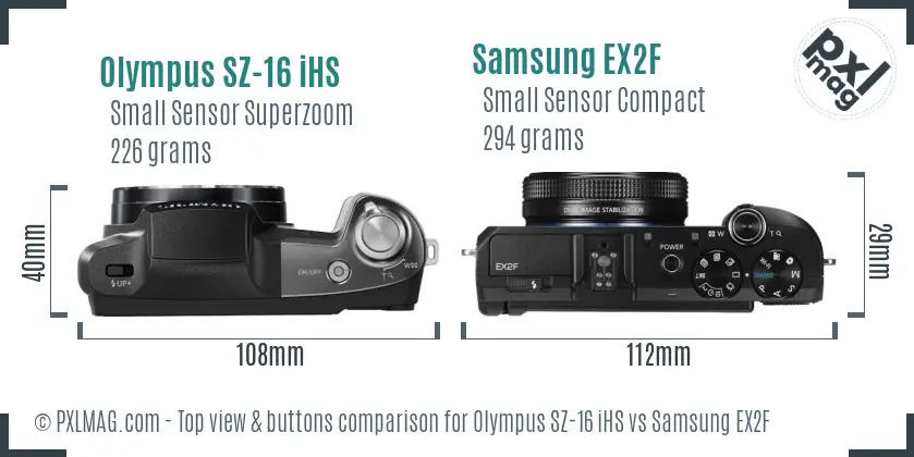 Olympus SZ-16 iHS vs Samsung EX2F top view buttons comparison