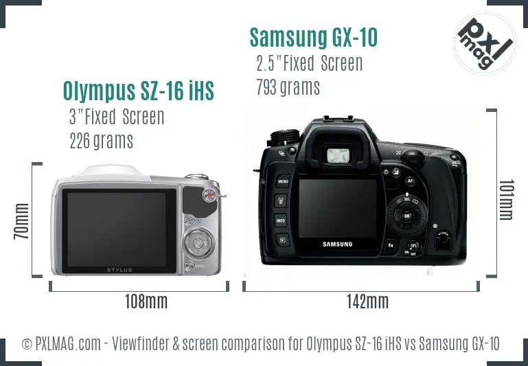 Olympus SZ-16 iHS vs Samsung GX-10 Screen and Viewfinder comparison