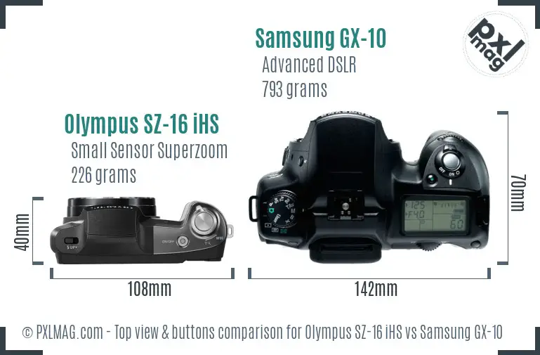 Olympus SZ-16 iHS vs Samsung GX-10 top view buttons comparison