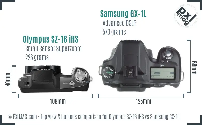 Olympus SZ-16 iHS vs Samsung GX-1L top view buttons comparison