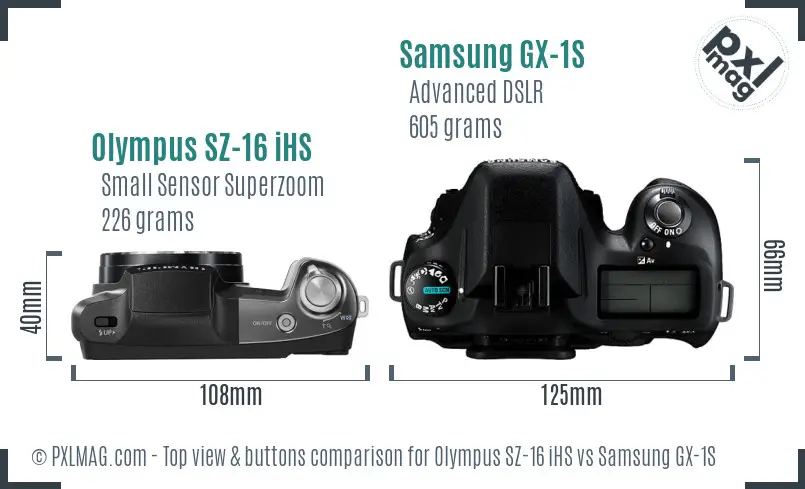 Olympus SZ-16 iHS vs Samsung GX-1S top view buttons comparison