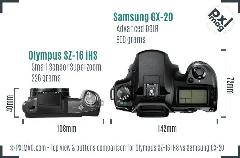 Olympus SZ-16 iHS vs Samsung GX-20 top view buttons comparison