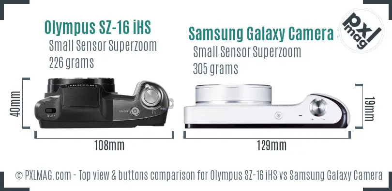 Olympus SZ-16 iHS vs Samsung Galaxy Camera 3G top view buttons comparison Olympus SZ-16 iHS vs Samsung Galaxy Camera 3G top view buttons comparison