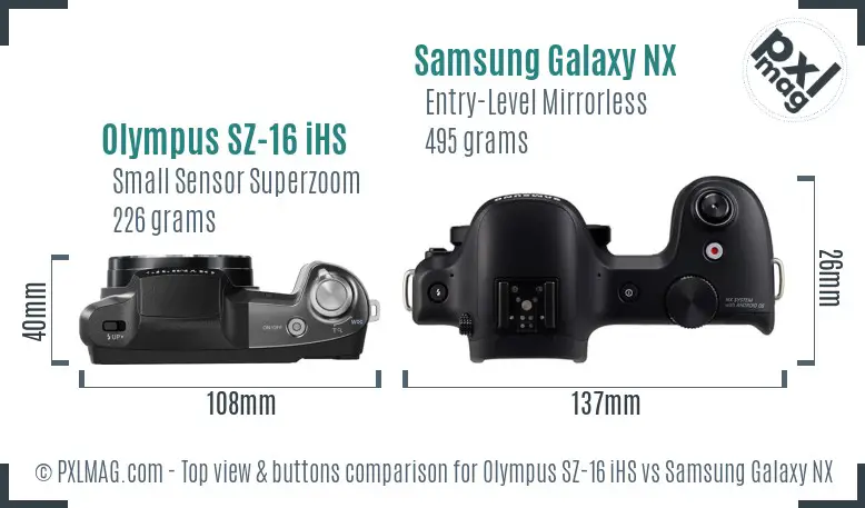 Olympus SZ-16 iHS vs Samsung Galaxy NX top view buttons comparison