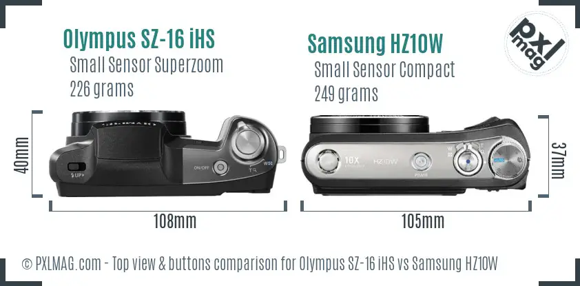 Olympus SZ-16 iHS vs Samsung HZ10W top view buttons comparison