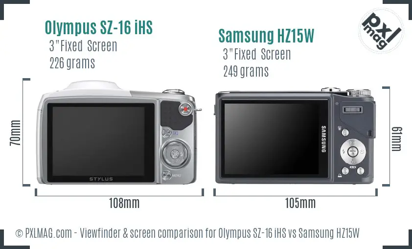 Olympus SZ-16 iHS vs Samsung HZ15W Screen and Viewfinder comparison