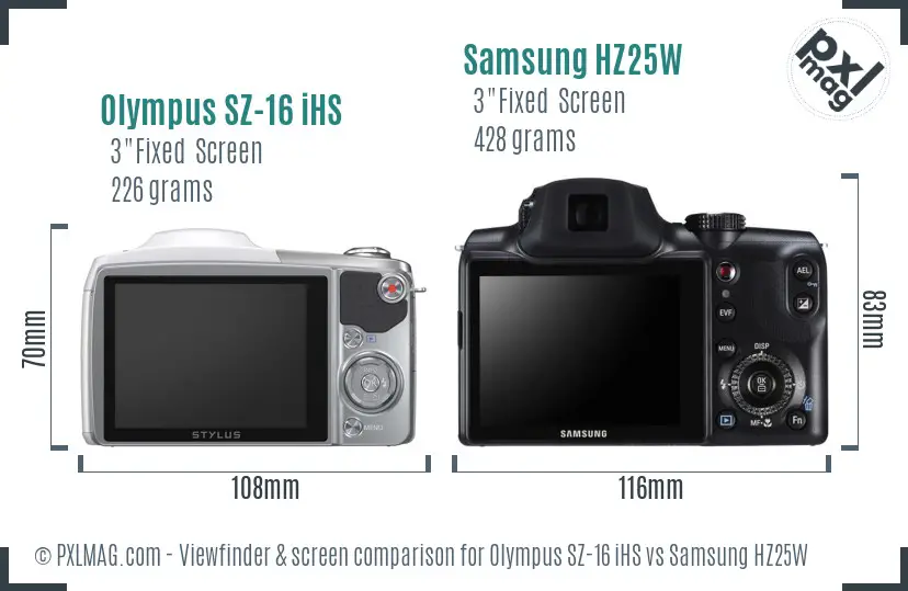 Olympus SZ-16 iHS vs Samsung HZ25W Screen and Viewfinder comparison