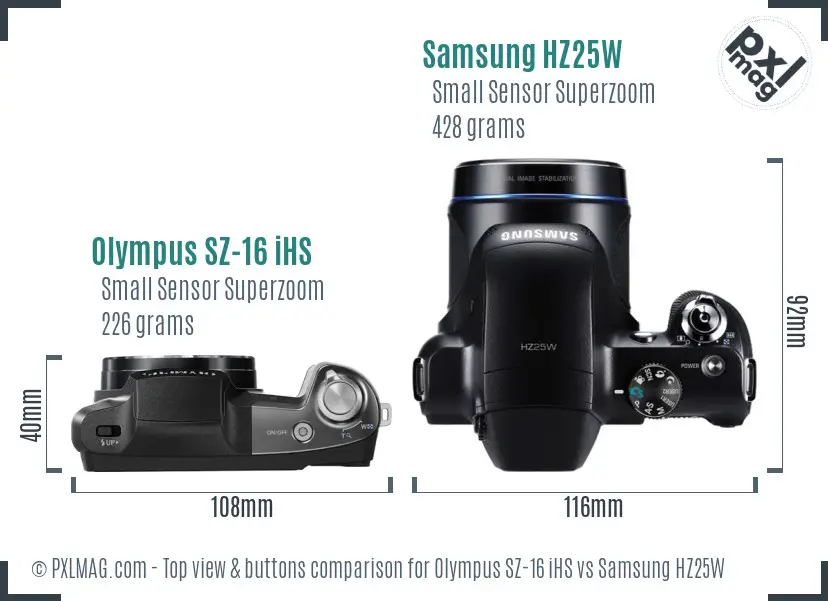 Olympus SZ-16 iHS vs Samsung HZ25W top view buttons comparison