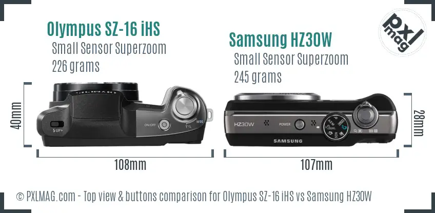 Olympus SZ-16 iHS vs Samsung HZ30W top view buttons comparison