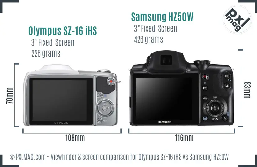 Olympus SZ-16 iHS vs Samsung HZ50W Screen and Viewfinder comparison