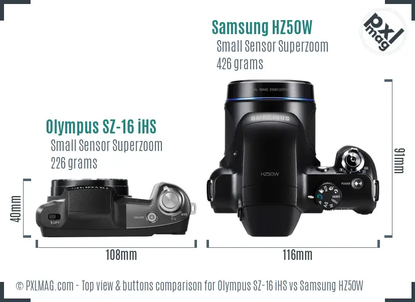 Olympus SZ-16 iHS vs Samsung HZ50W top view buttons comparison