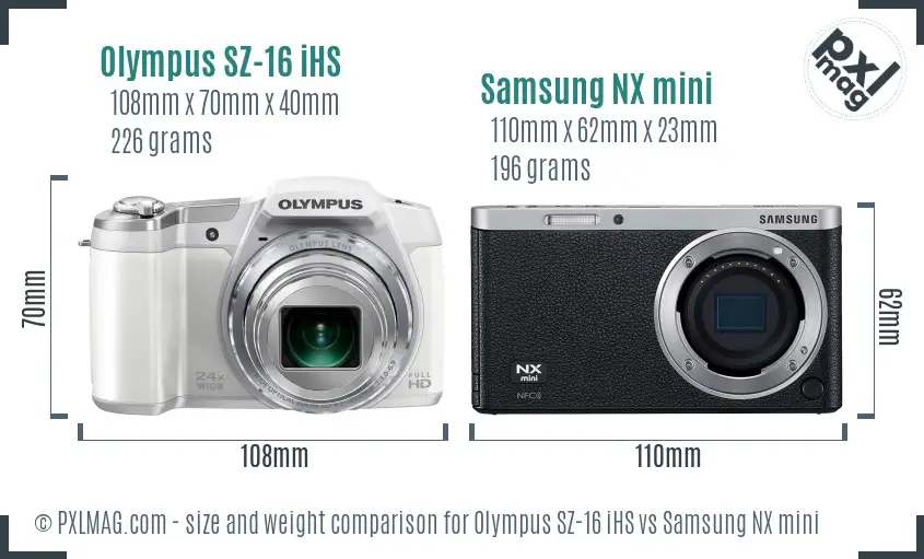 Olympus SZ-16 iHS vs Samsung NX mini size comparison