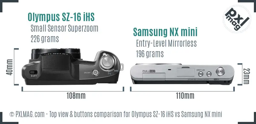 Olympus SZ-16 iHS vs Samsung NX mini top view buttons comparison
