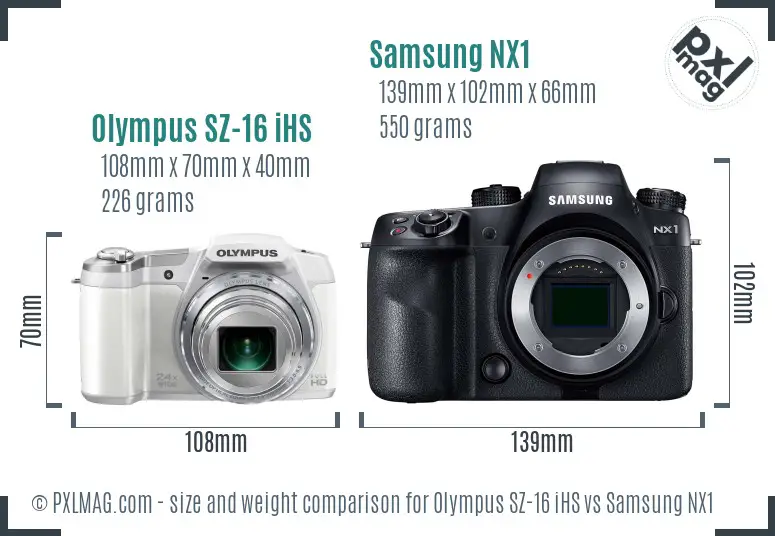 Olympus SZ-16 iHS vs Samsung NX1 size comparison
