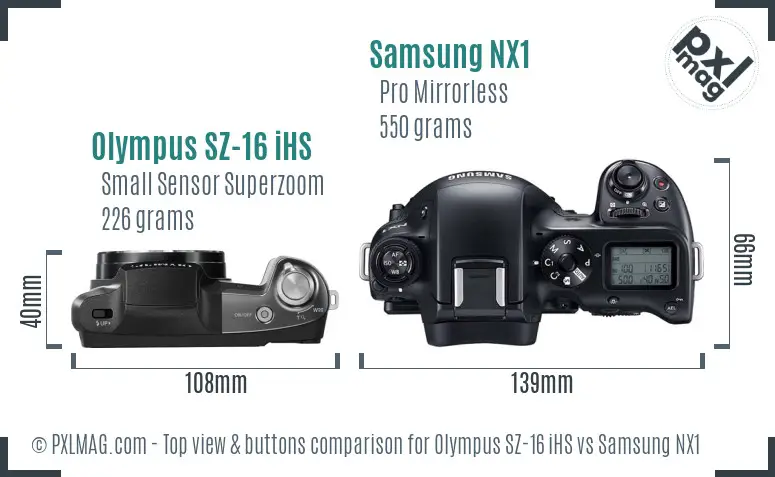 Olympus SZ-16 iHS vs Samsung NX1 top view buttons comparison